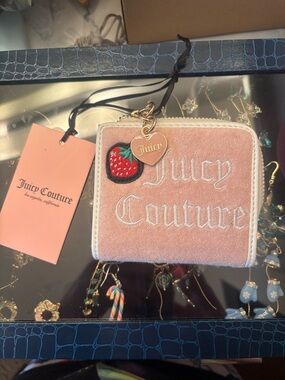 Juicy Couture Pink Velvet Zip Wallet with Strawberry Patch and Heart Charm